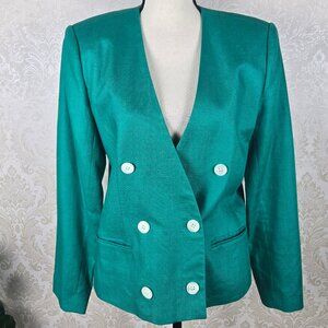 Field Manor Size 10 Green Linen Blazer Double Breasted White Buttons Vintage
